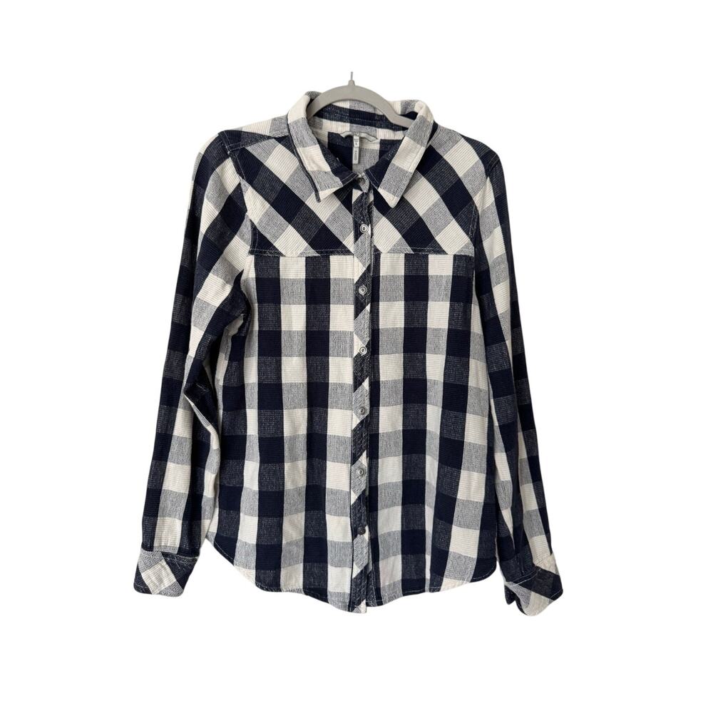 BKE Womens Eased Navy Blue and‎ White Plaid Textured Cotton Button Down Shirt Lg